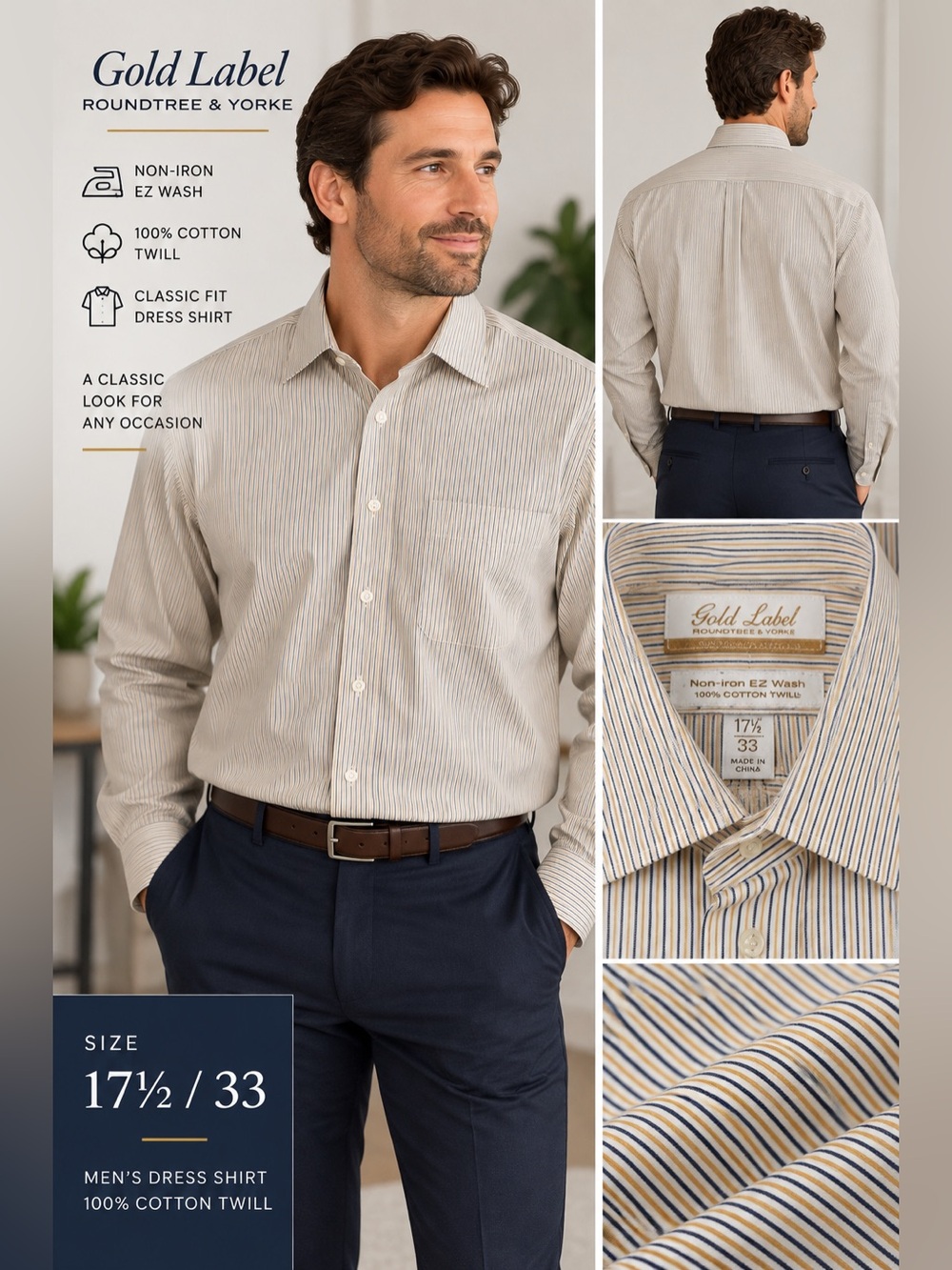 Roundtree & Yorke Beige Stripe Cotton Dress Shirt - Classic Fit